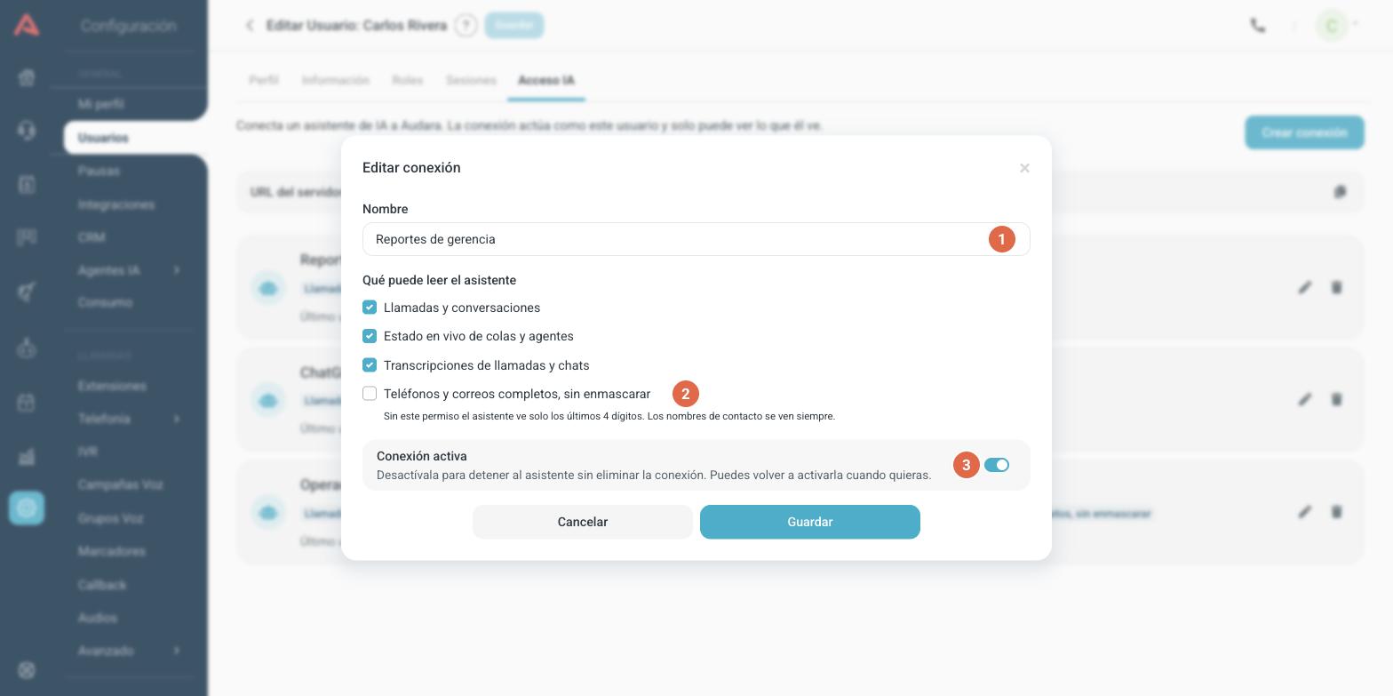 Formulario Editar conexión, con el interruptor Conexión activa