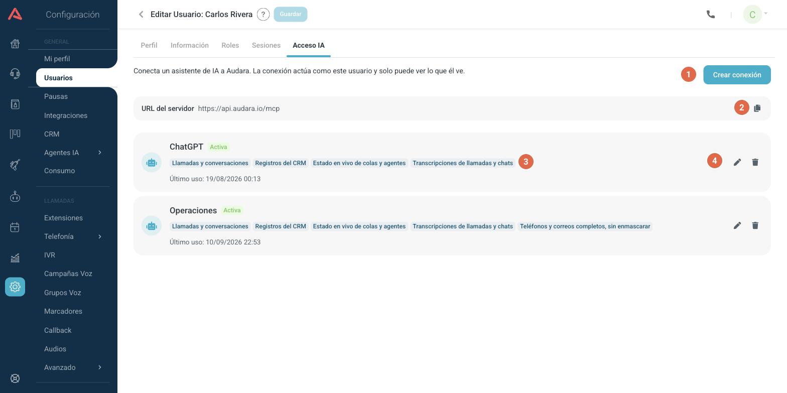 Pestaña Acceso IA de un usuario, con dos conexiones y la URL del servidor
