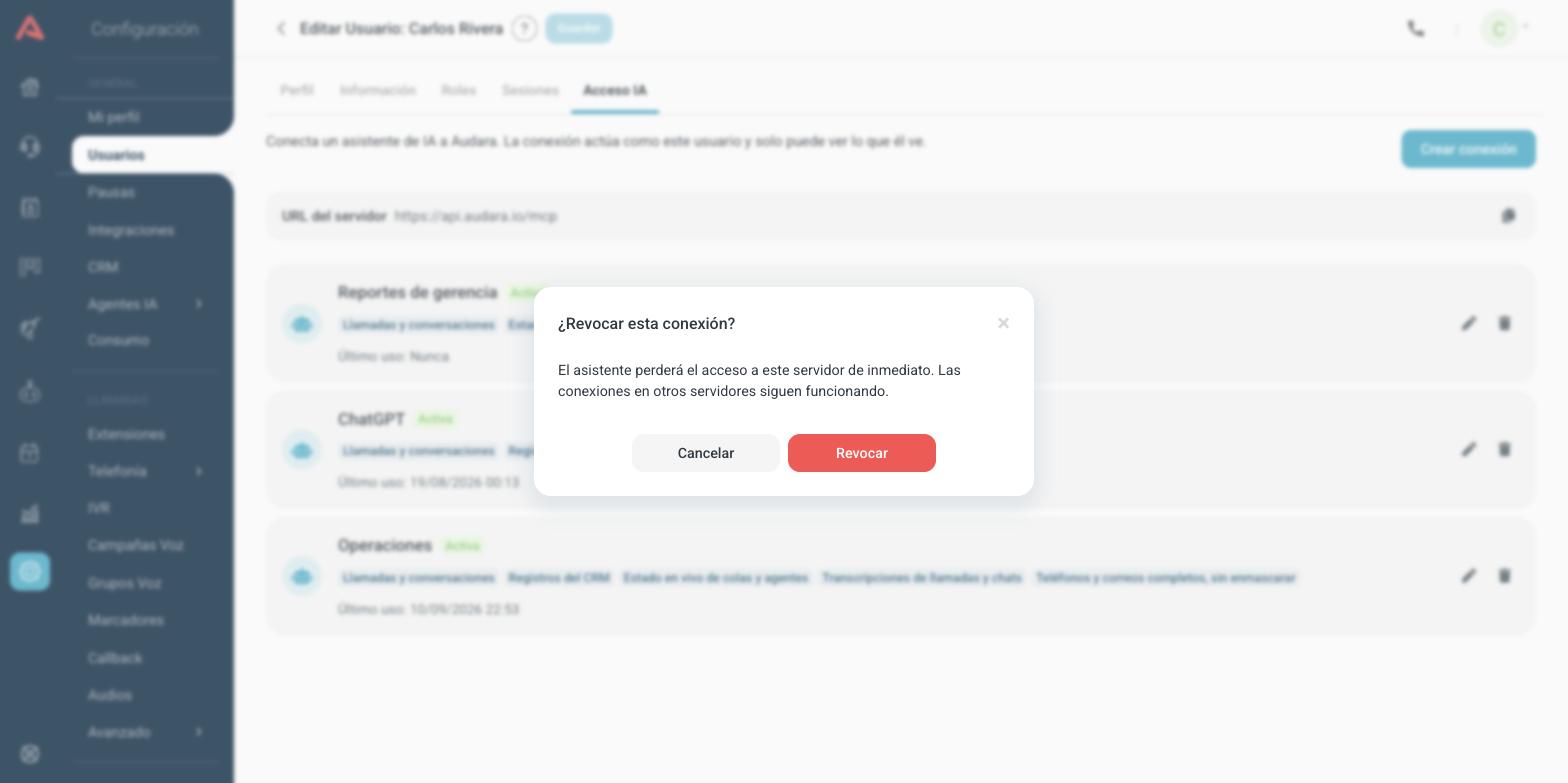 Diálogo de confirmación para revocar una conexión