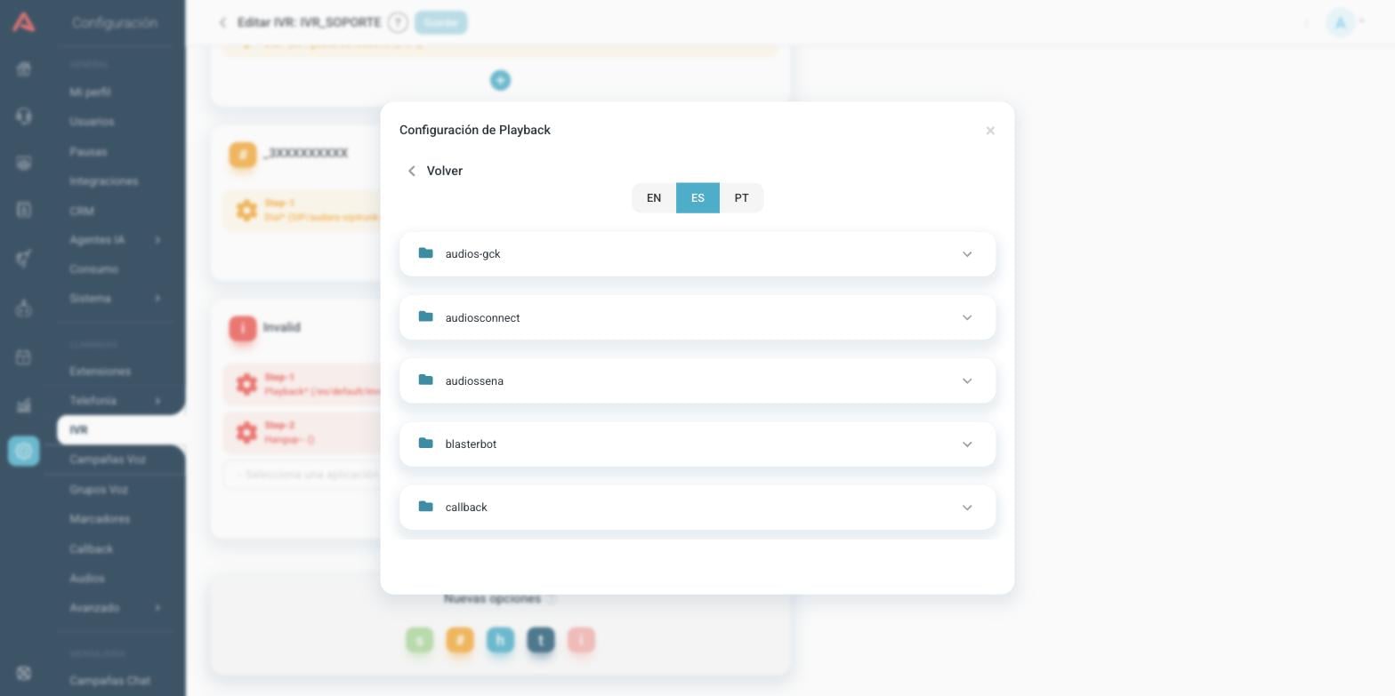 Selector de audio dentro de un paso de IVR, mostrando los idiomas y las carpetas