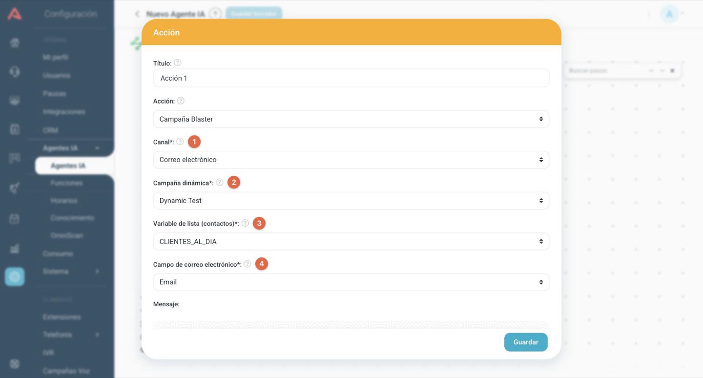 Acción de Campaña Blaster configurada para correo