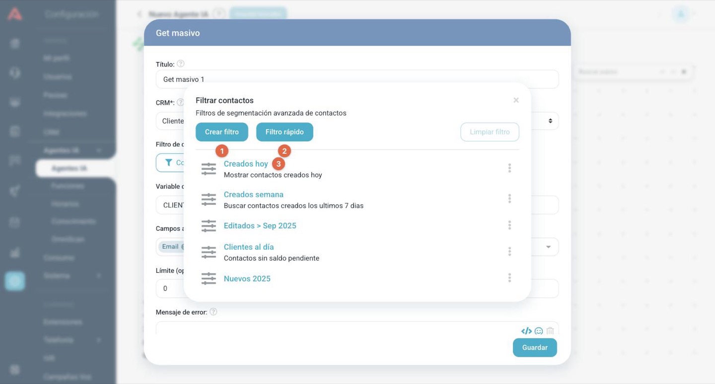 Ventana de filtros de contactos del CRM