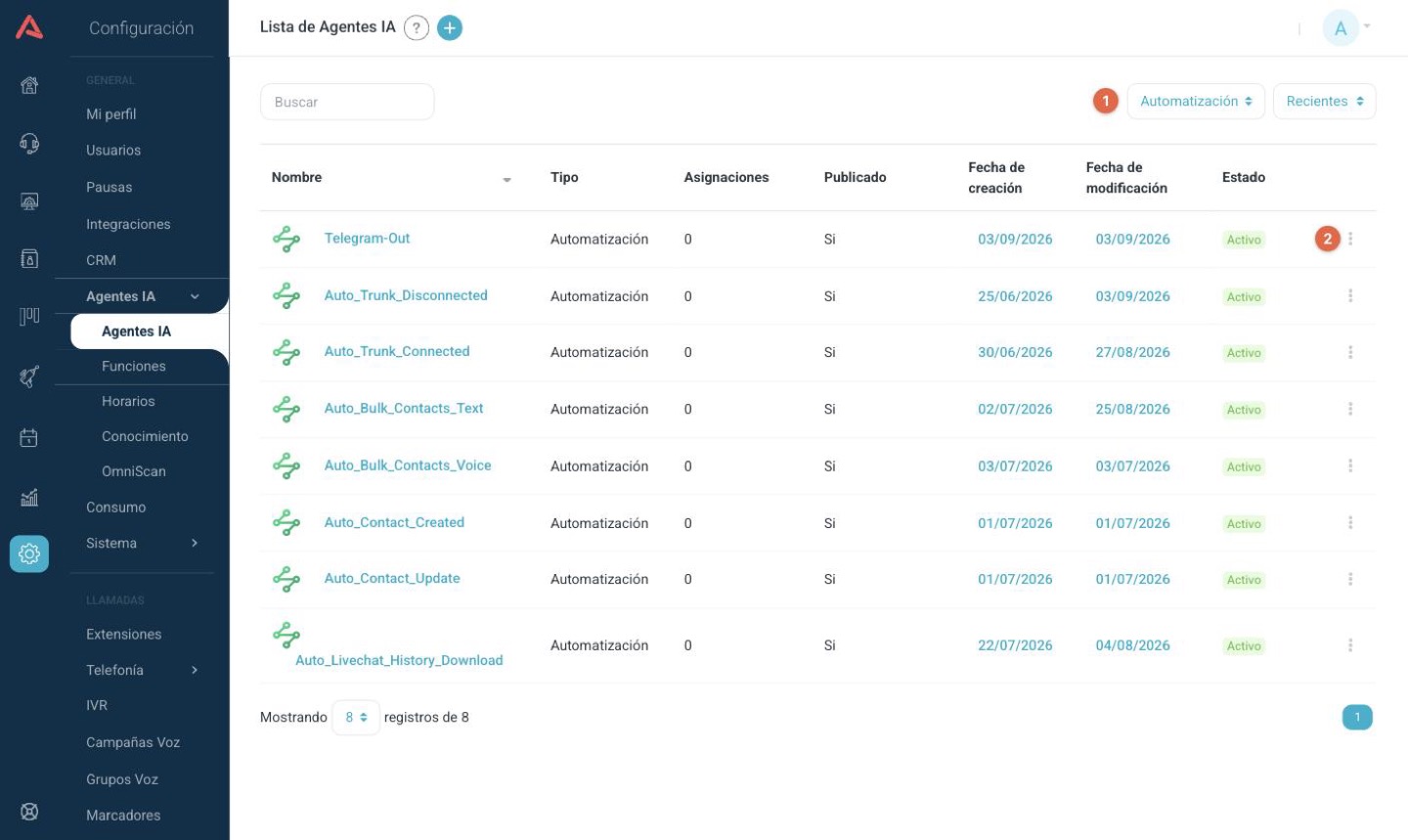 Lista de Agentes IA filtrada por tipo Automatización