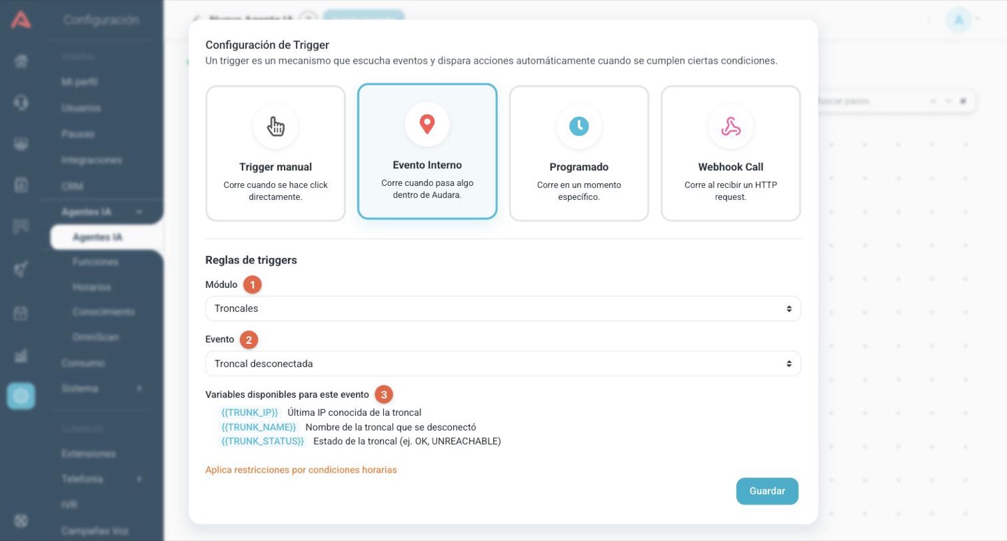 Disparador de evento interno con módulo Troncales y evento Troncal desconectada