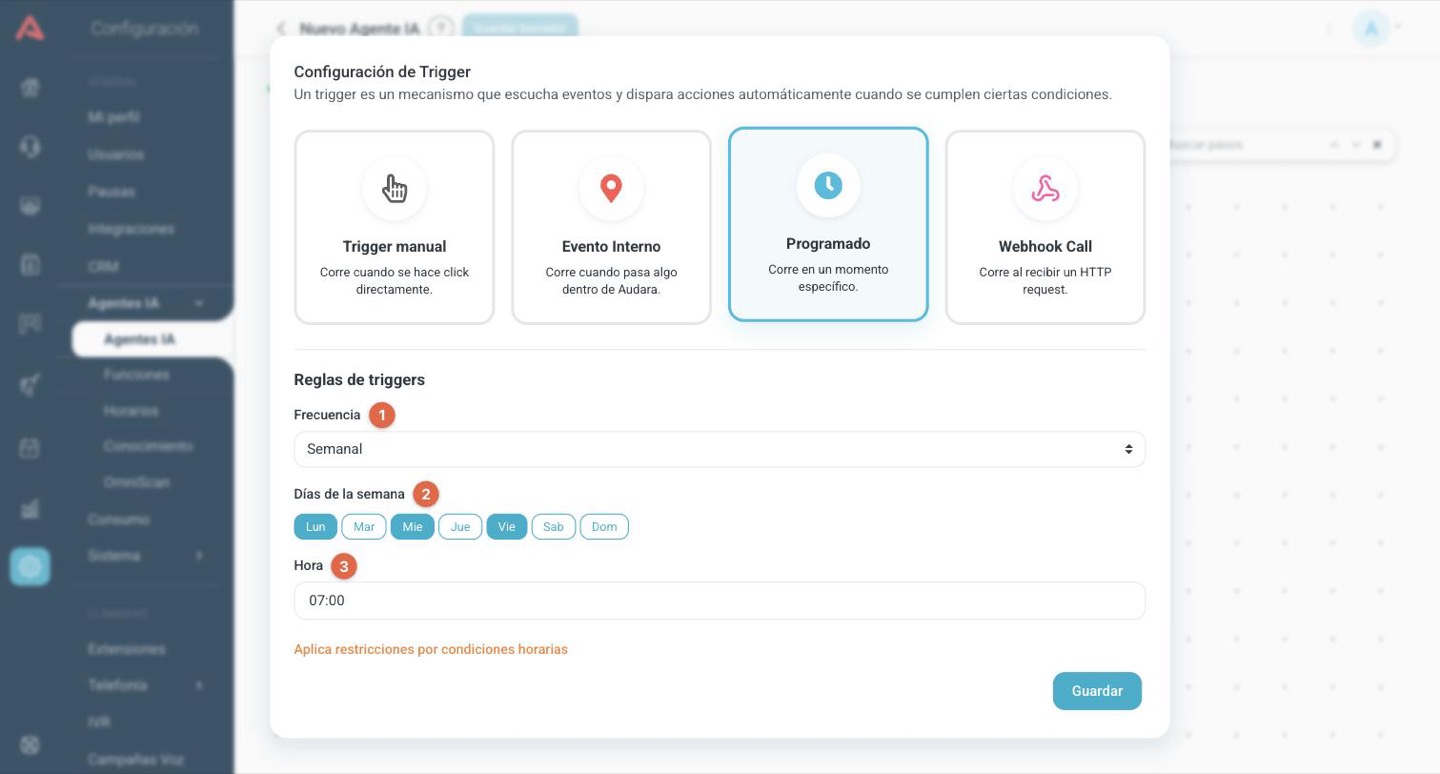 Disparador programado con frecuencia semanal, días y hora