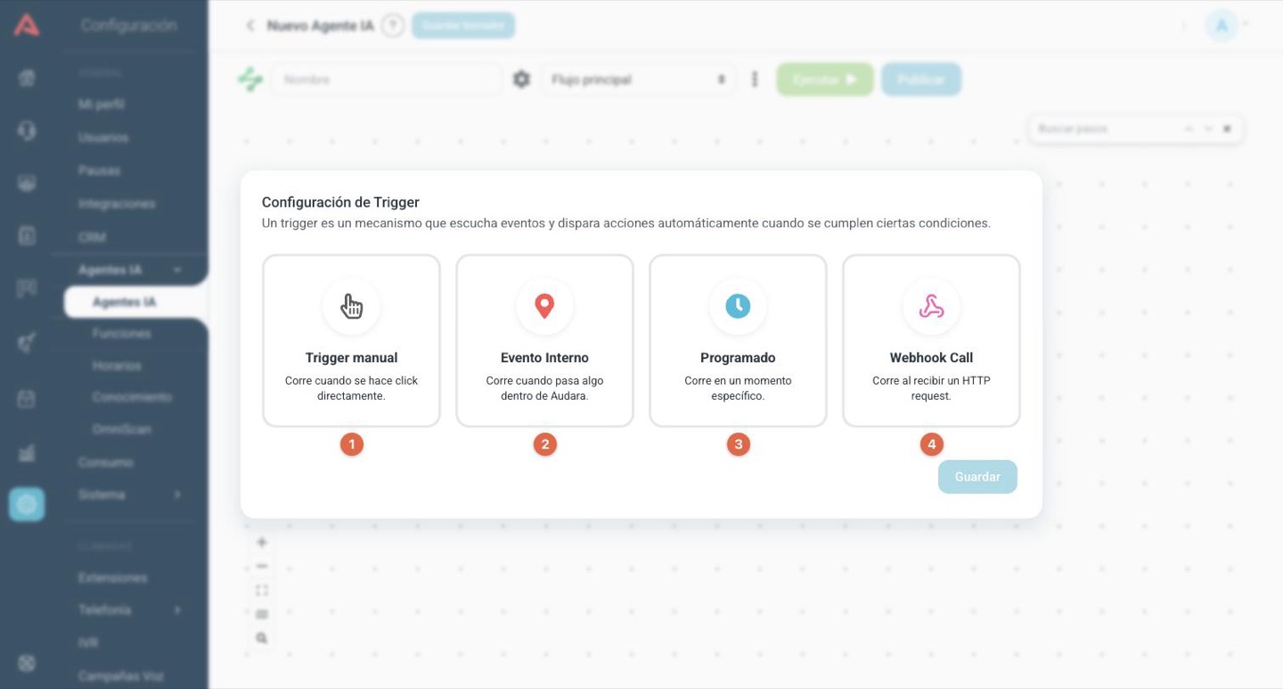 Ventana de configuración de trigger con las cuatro tarjetas
