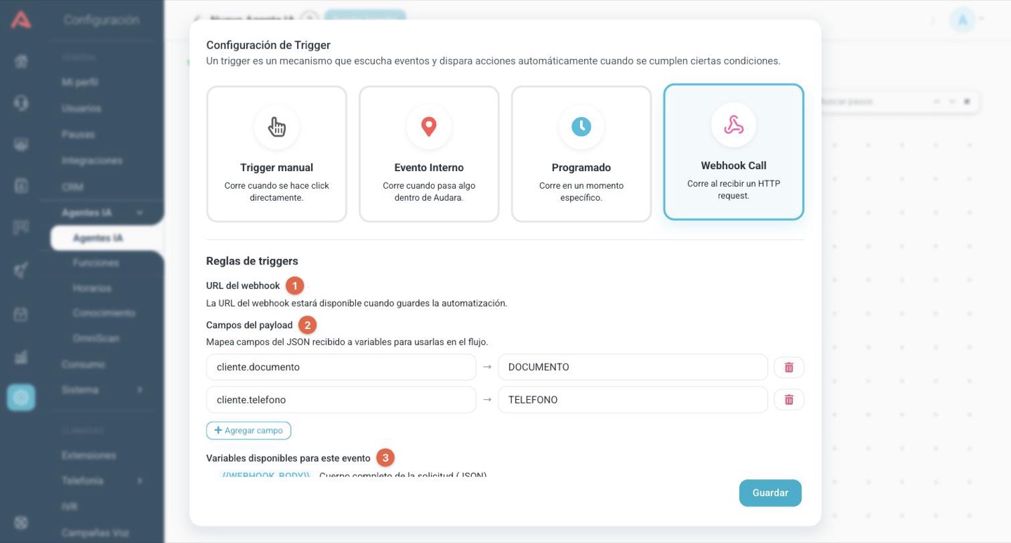 Disparador de webhook con el mapeo de campos del payload