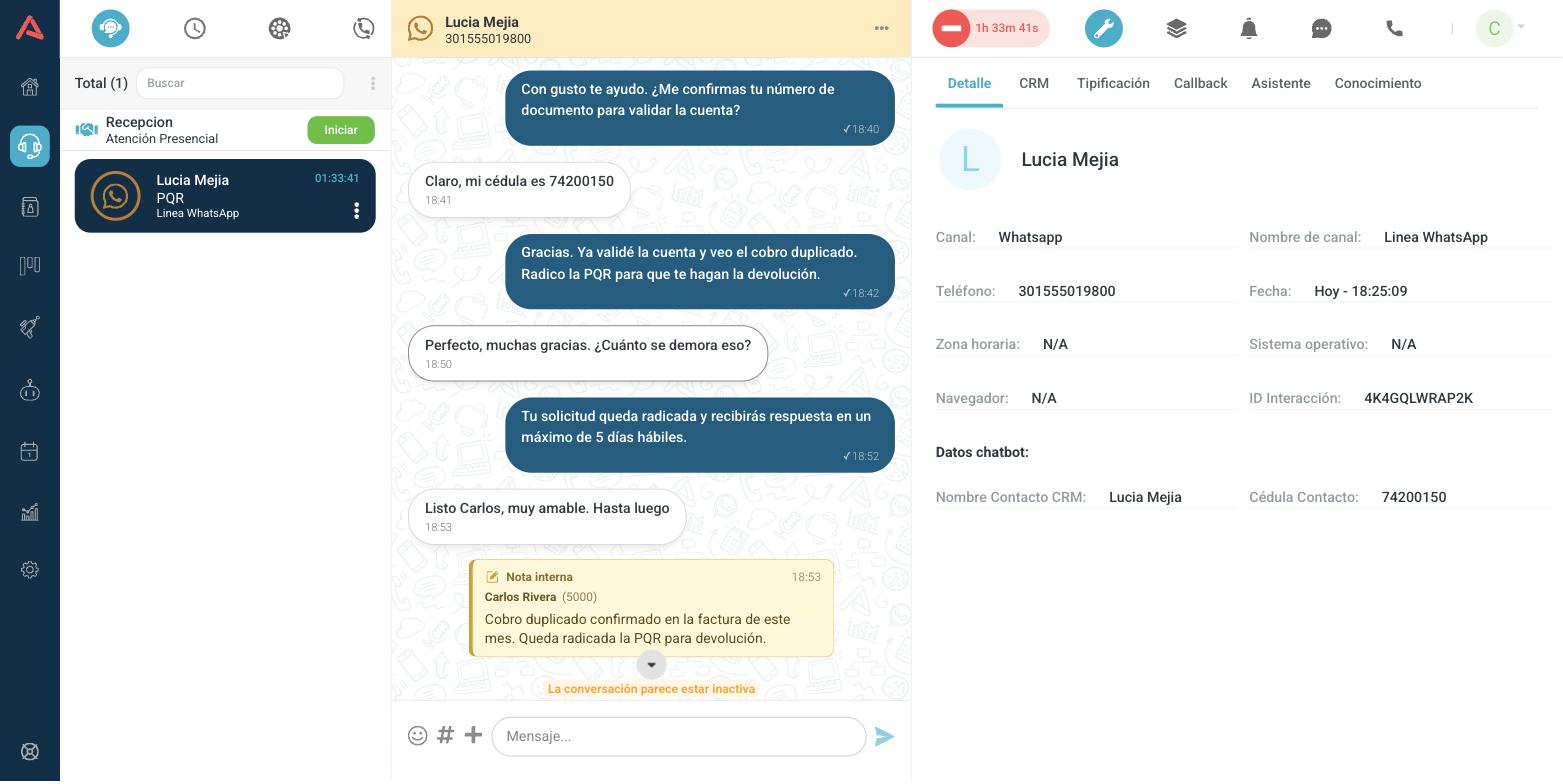 Conversación en ámbar con el aviso de que parece estar inactiva