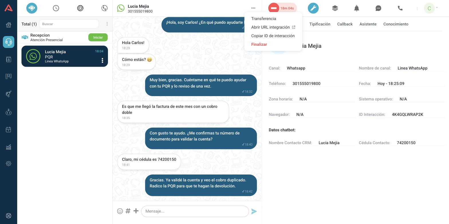 Menú de tres puntos de la cabecera del chat con sus cuatro opciones