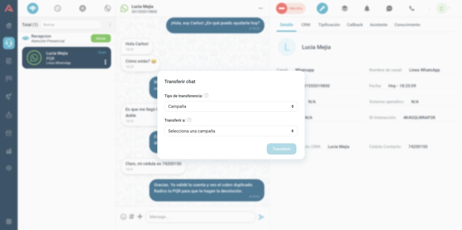 Ventana de transferir chat, con el tipo de transferencia y el destino