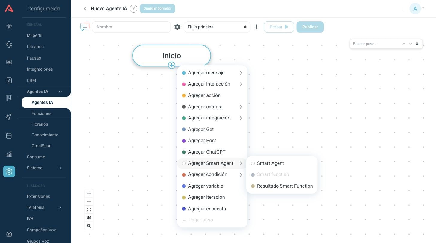 Submenú Agregar Smart Agent
