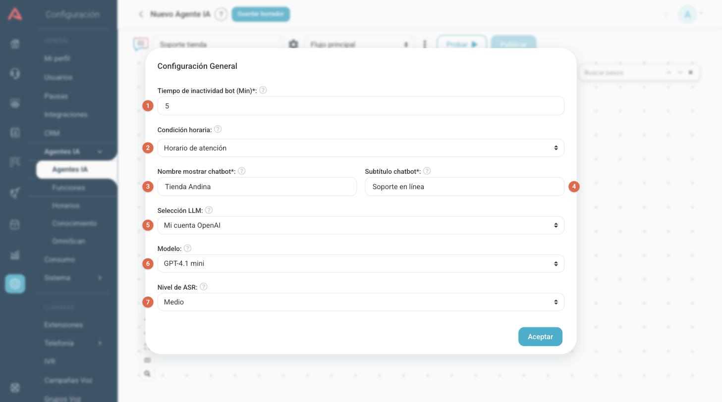 Modal de configuración general de un chatbot