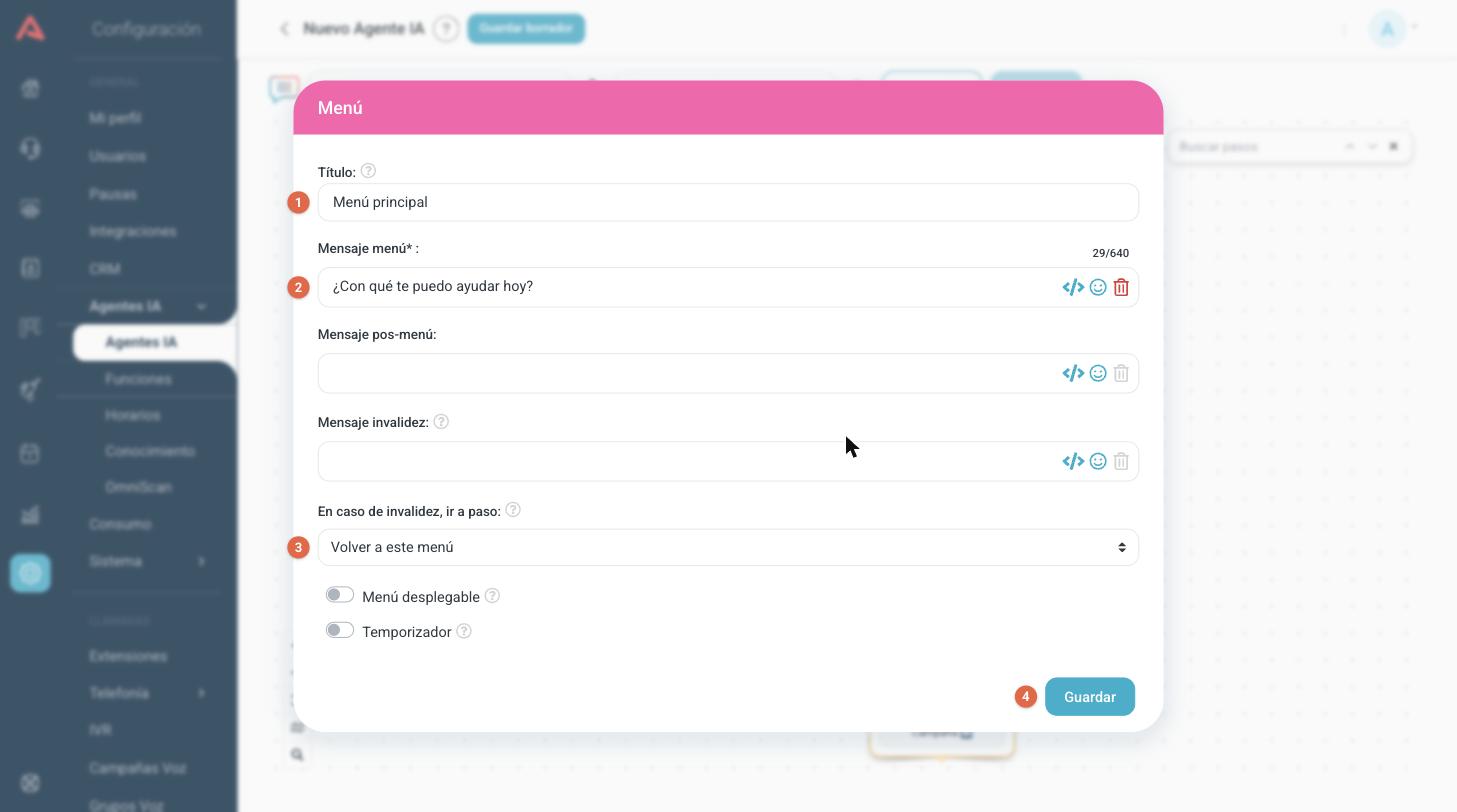 Configuración de un paso de tipo menú