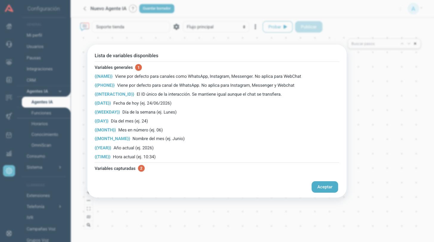 Lista de variables disponibles