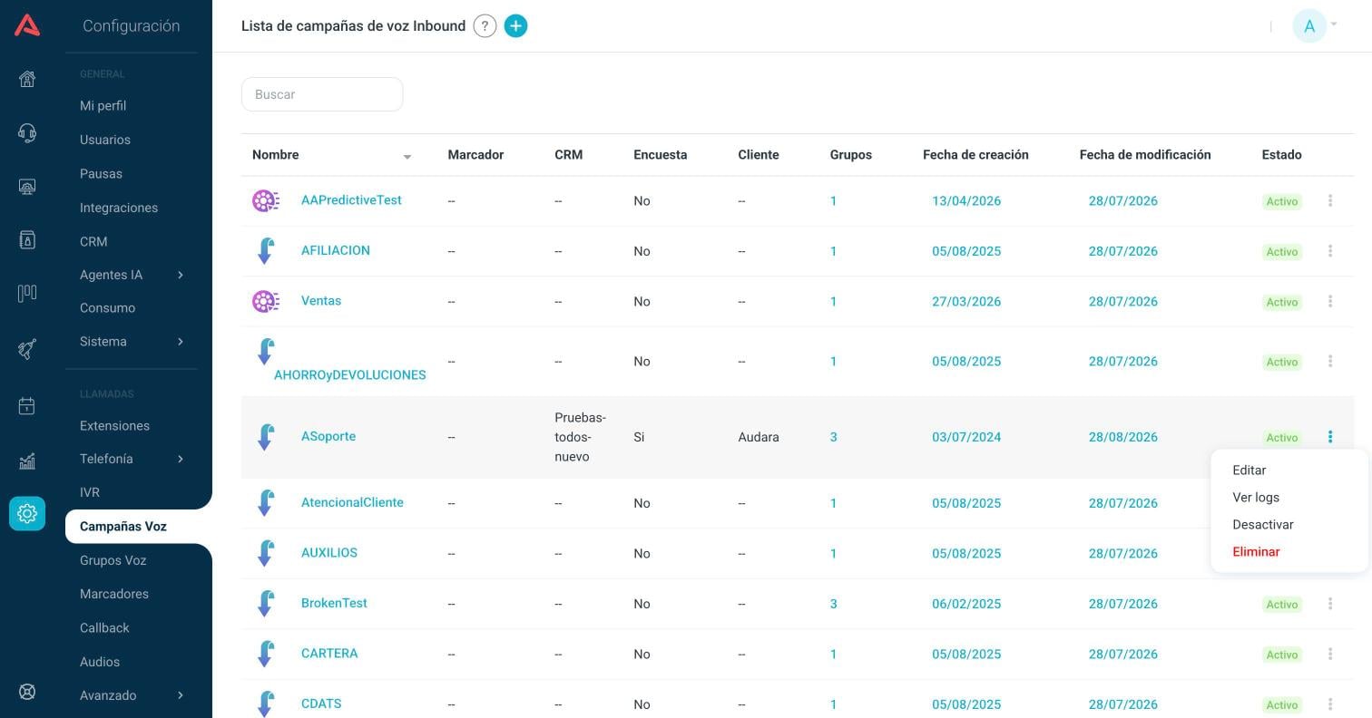 Menú de tres puntos de una campaña con Editar, Ver logs, Desactivar y Eliminar
