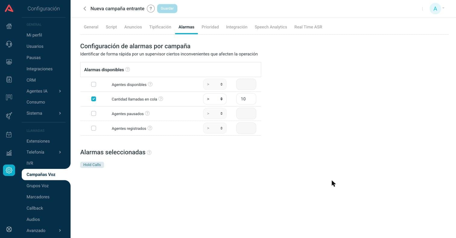Alarma de llamadas en cola marcada con valor 10 y el chip de alarmas seleccionadas