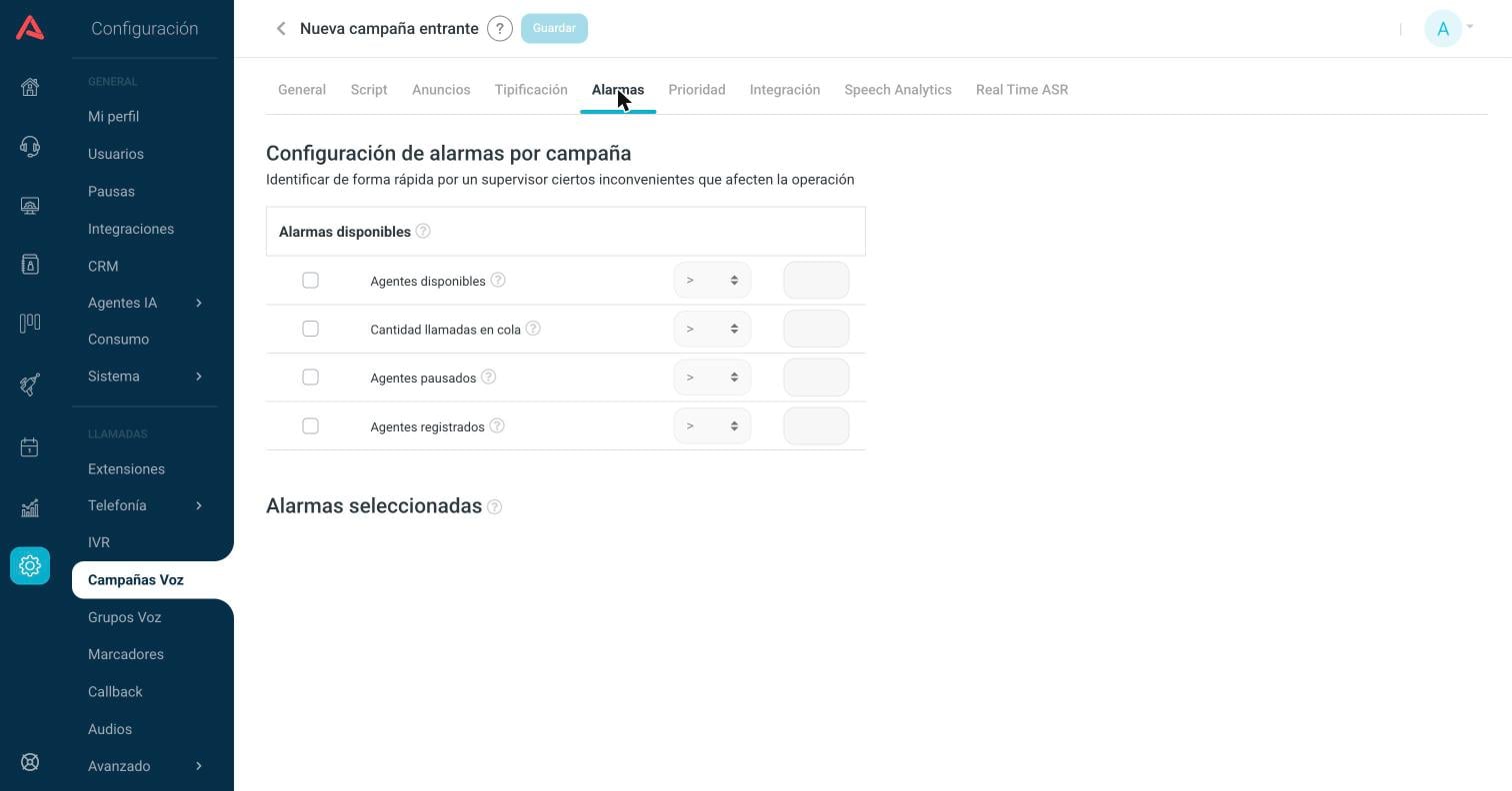 Pestaña Alarmas con las cuatro alarmas disponibles sin marcar