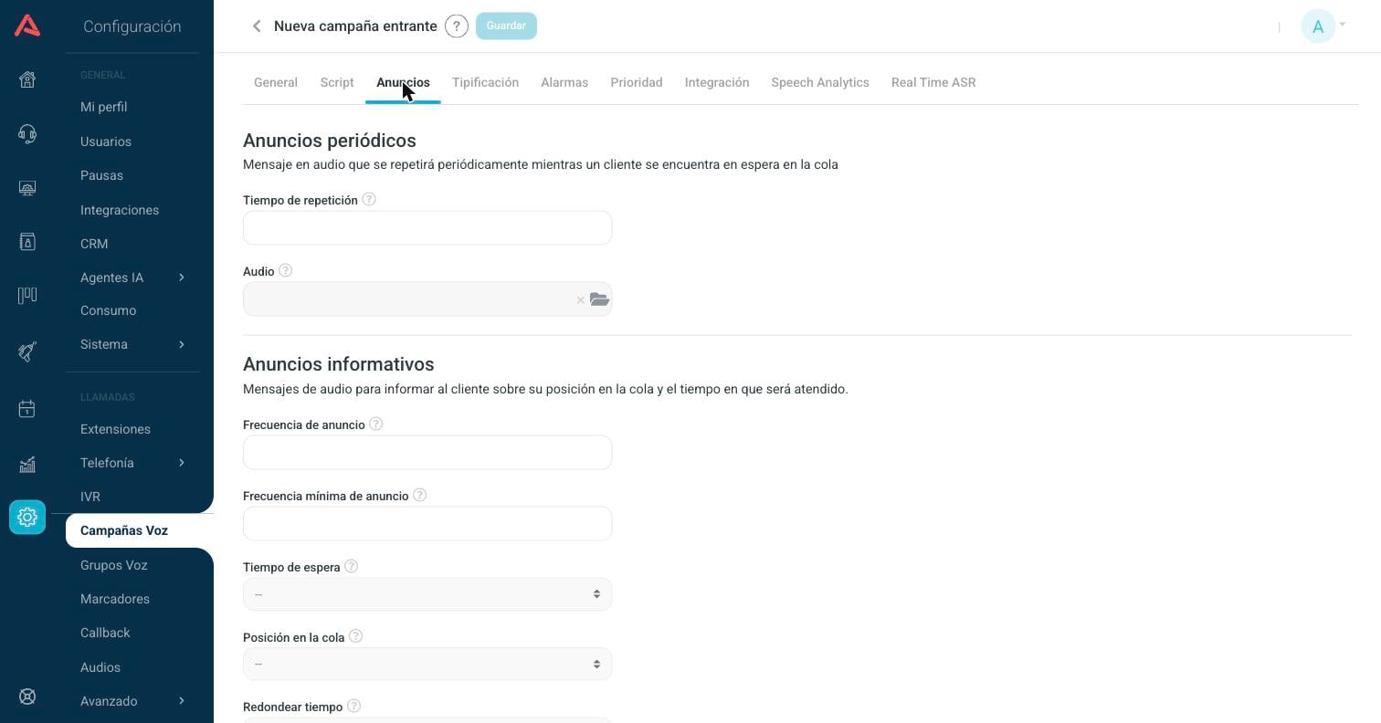 Pestaña Anuncios con los bloques periódicos e informativos vacíos