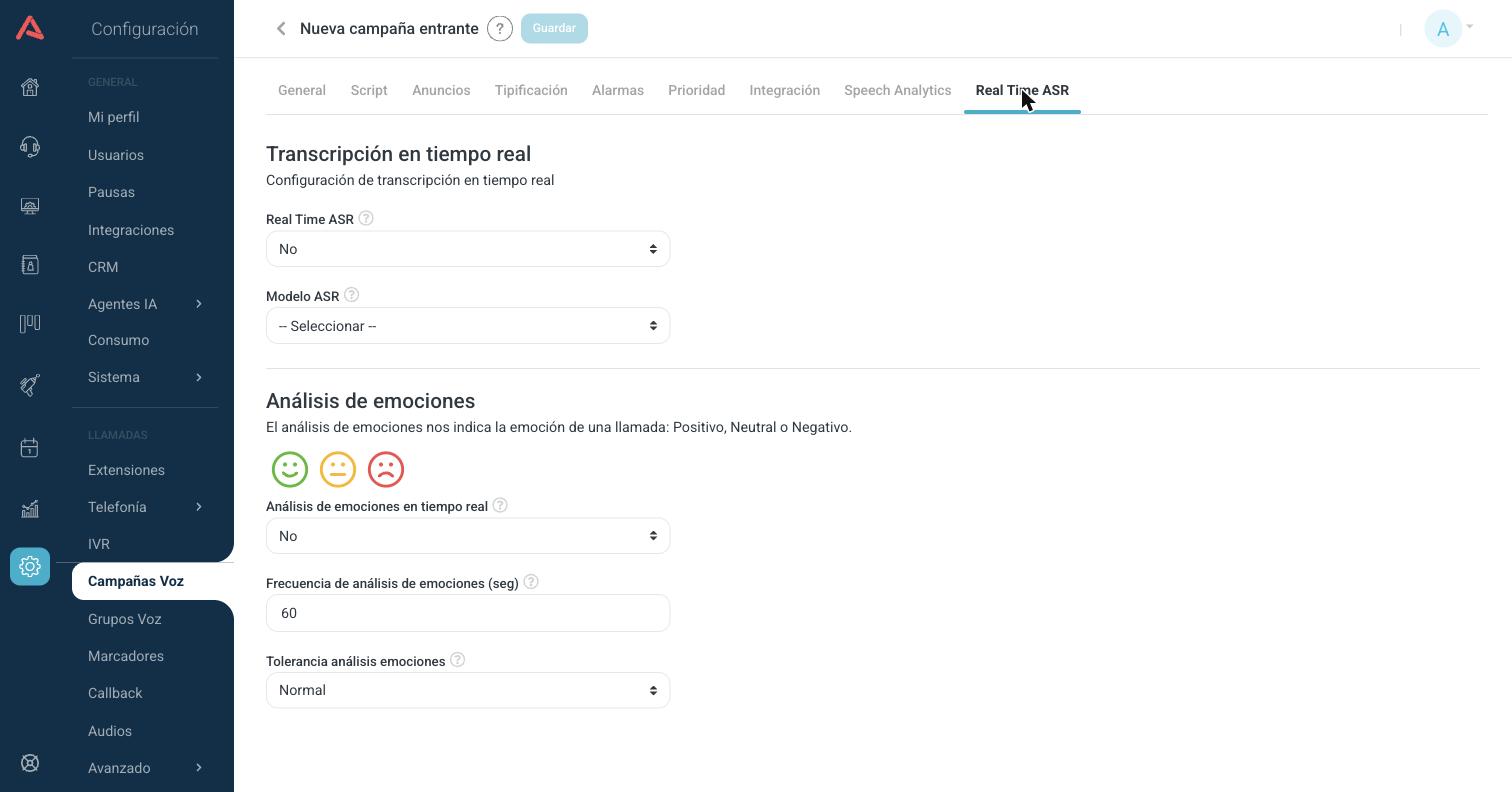 Pestaña Real Time ASR con el modelo y el análisis de emociones en tiempo real