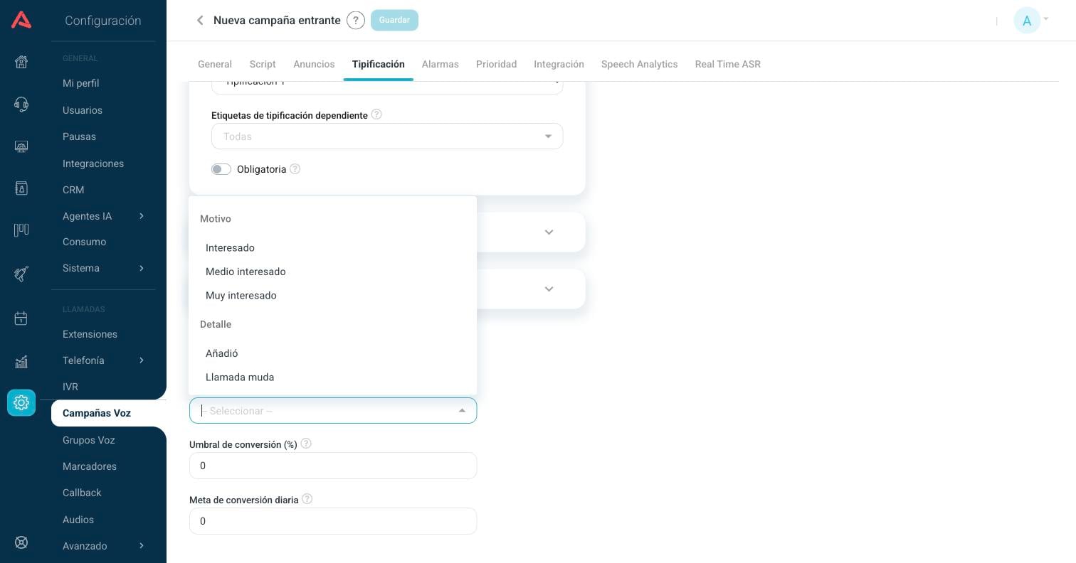 Selector de conversión con las etiquetas agrupadas por tipificación