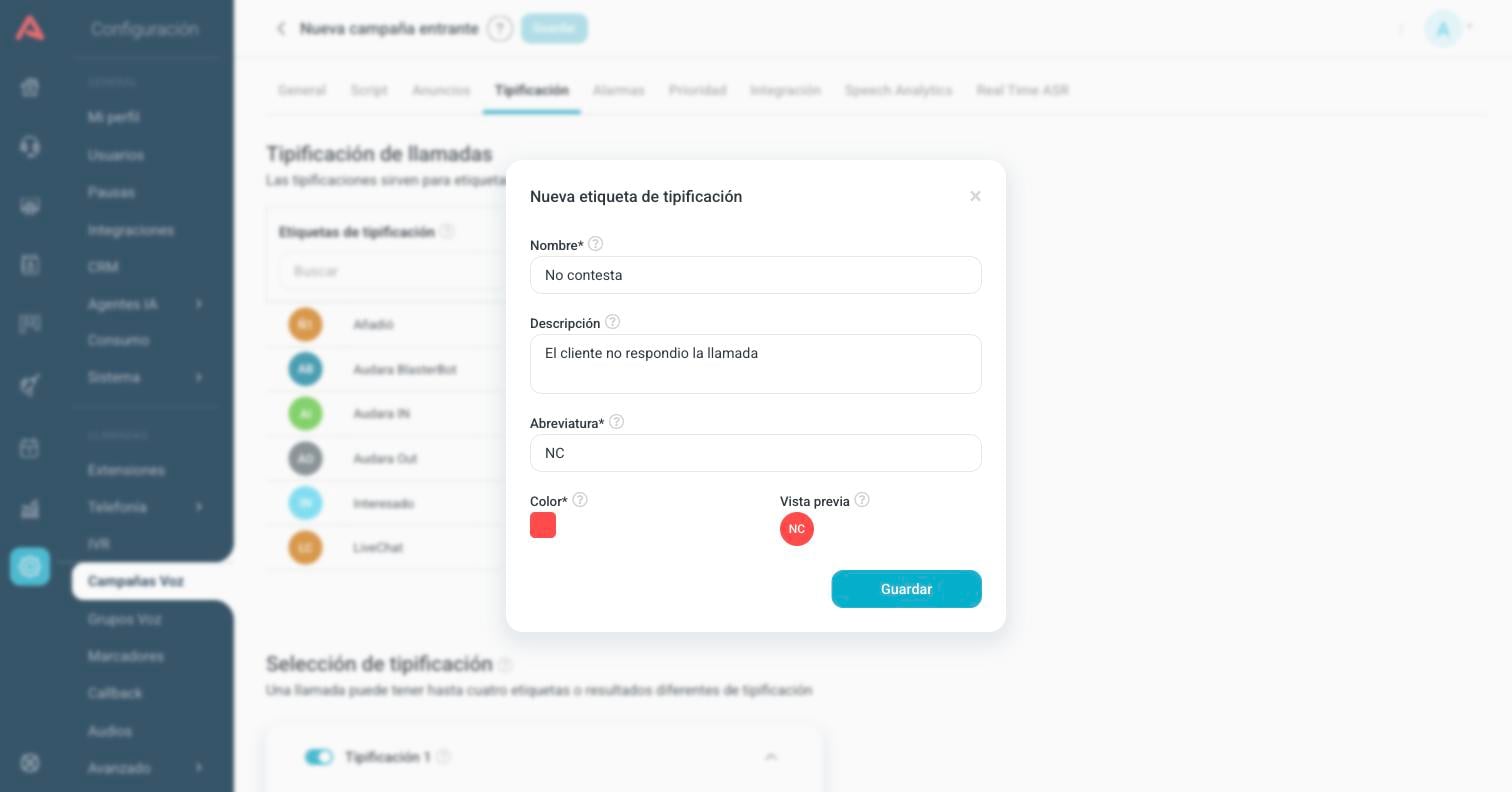 Ventana de nueva etiqueta de tipificación con nombre, descripción, abreviatura y color