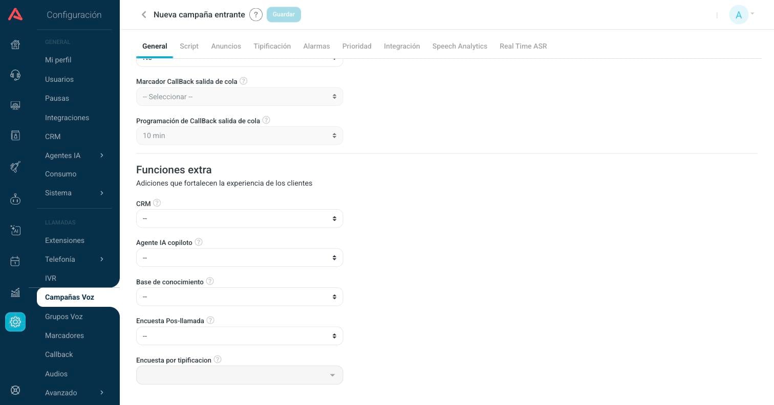 Bloque Funciones extra con CRM, copiloto, base de conocimiento y encuestas