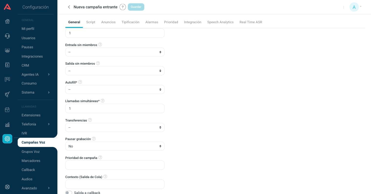 Segunda parte de los parámetros generales, con Autofill y llamadas simultáneas