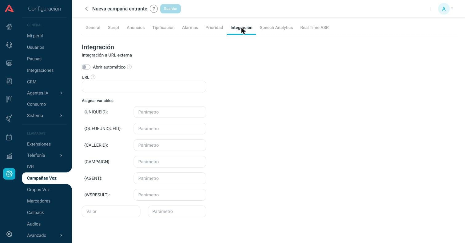 Pestaña Integración con la URL vacía y las variables disponibles