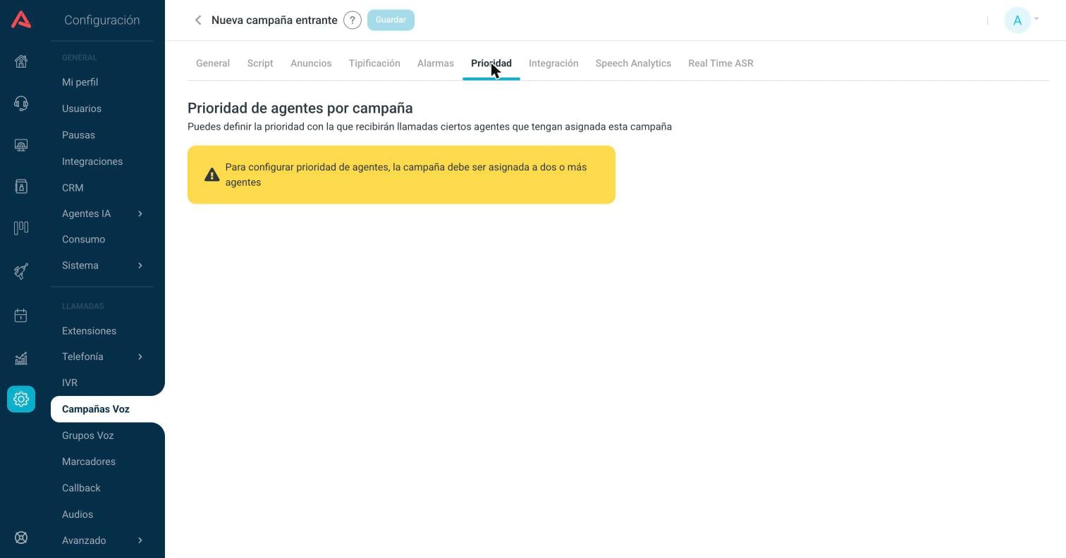 Pestaña Prioridad con el aviso de que la campaña necesita dos o más agentes