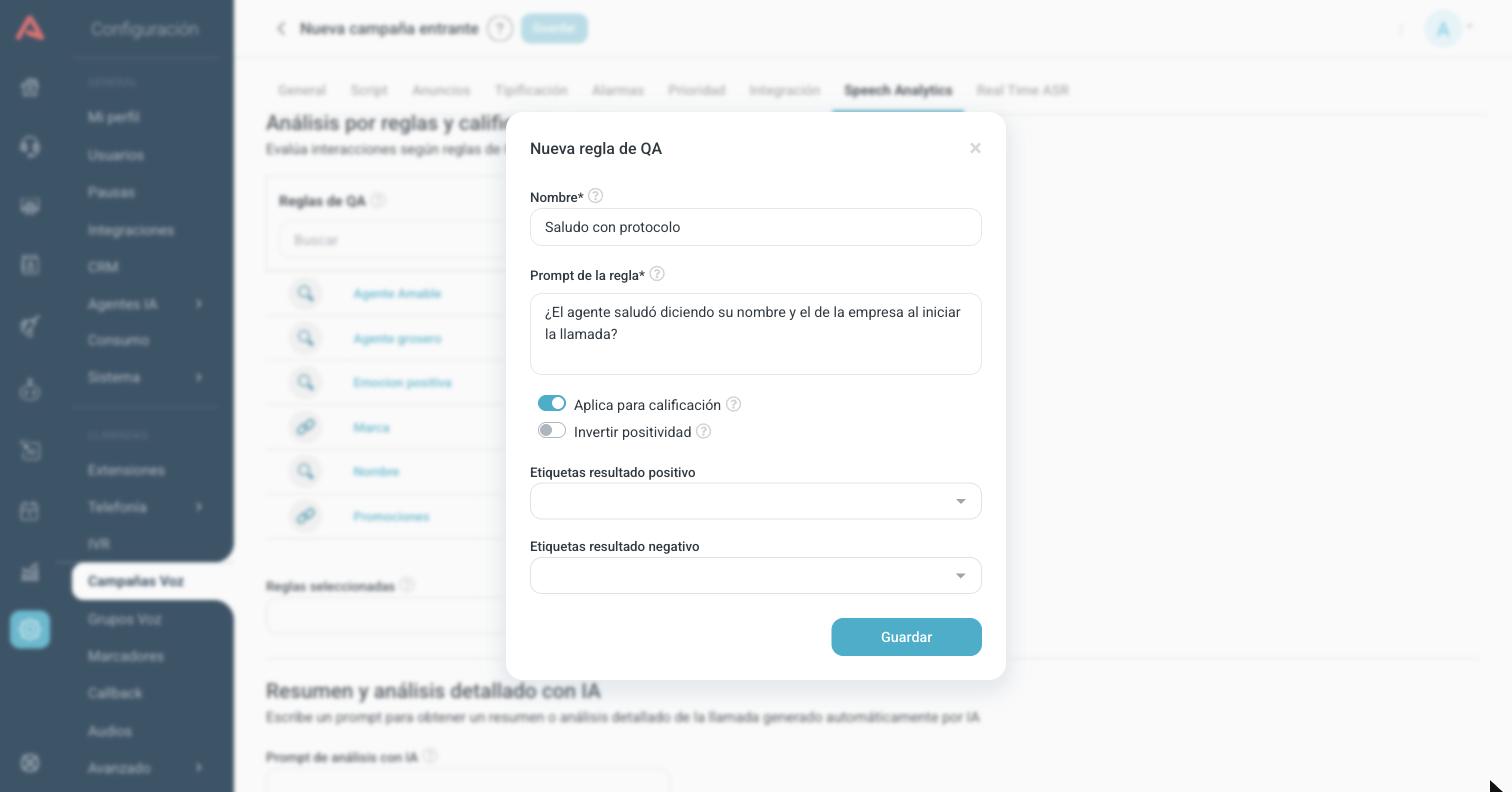 Regla de análisis con un prompt escrito y Aplica para calificación encendido