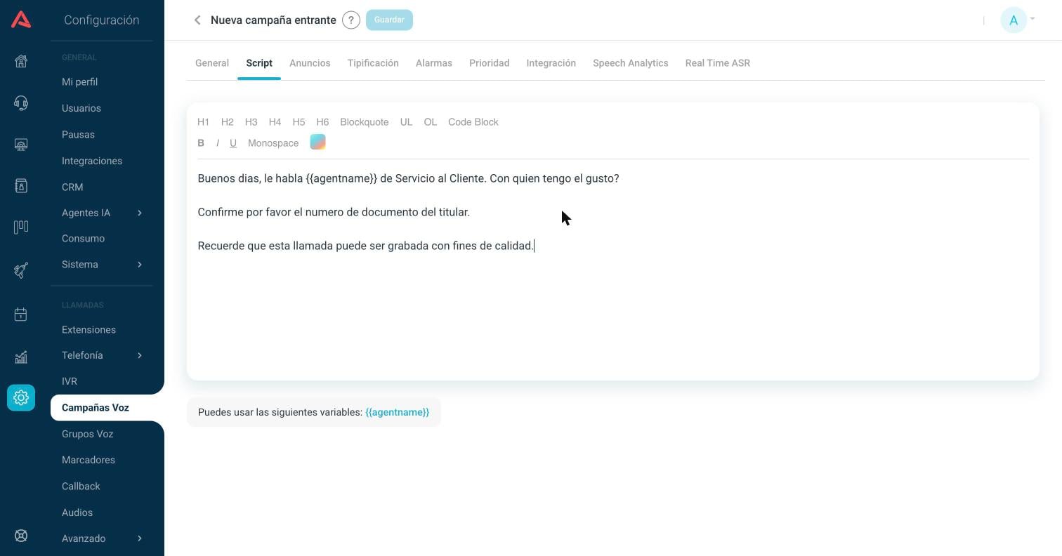 Editor de script con un guion de saludo escrito