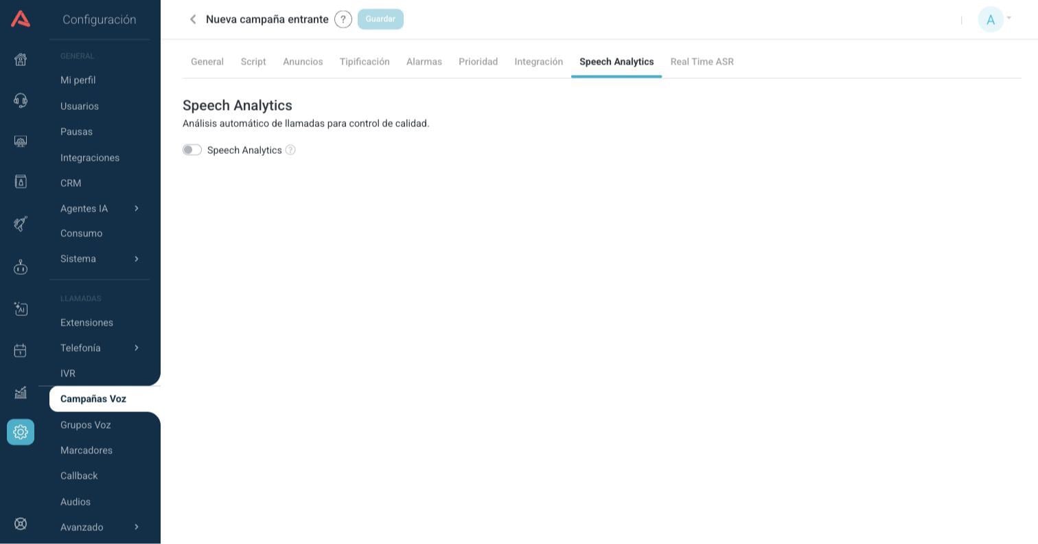 Pestaña Speech Analytics apagada, solo con su interruptor