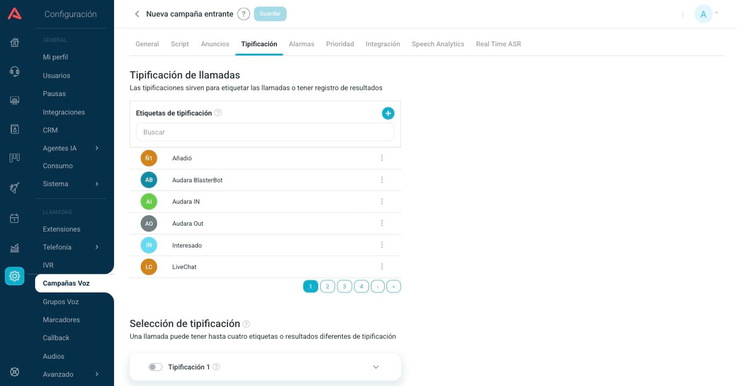 Pestaña Tipificación con la lista de etiquetas disponibles