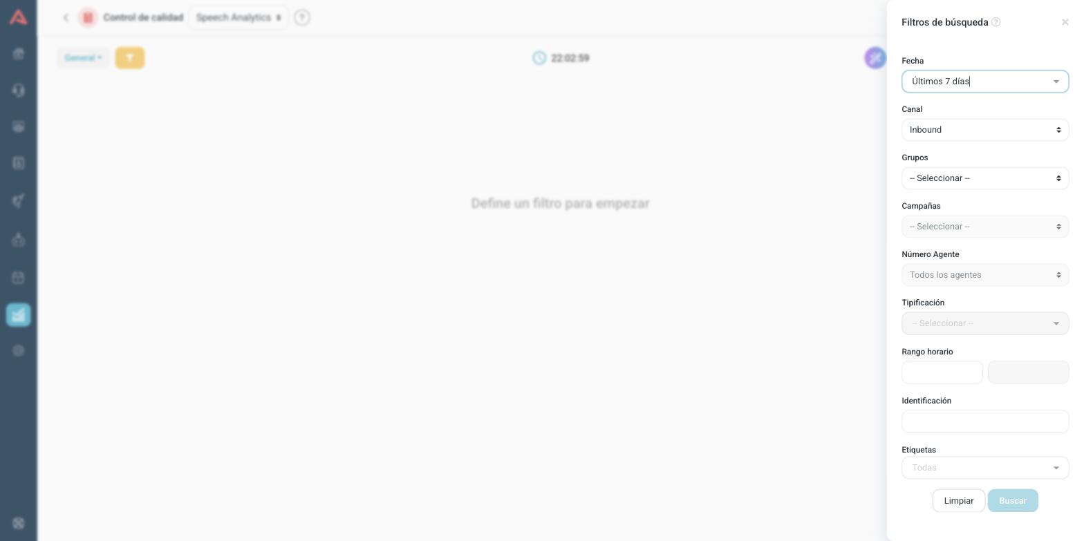 El panel de Filtros de búsqueda de Speech Analytics con todos sus campos desplegados
