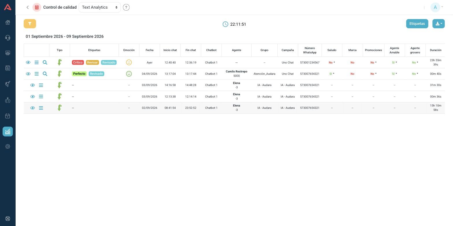 Text Analytics, con las columnas propias del chat y las mismas columnas de categorías que Speech Analytics