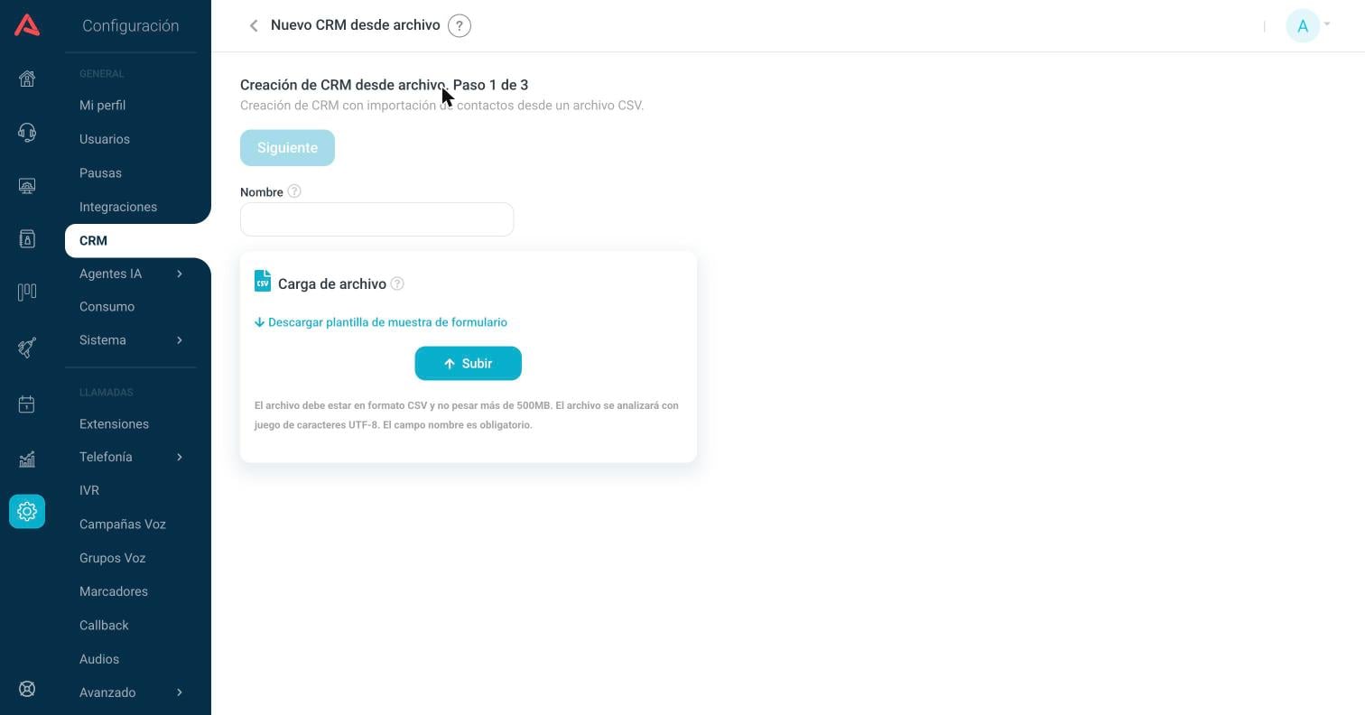 Paso 1 de crear desde archivo, con el nombre y la carga