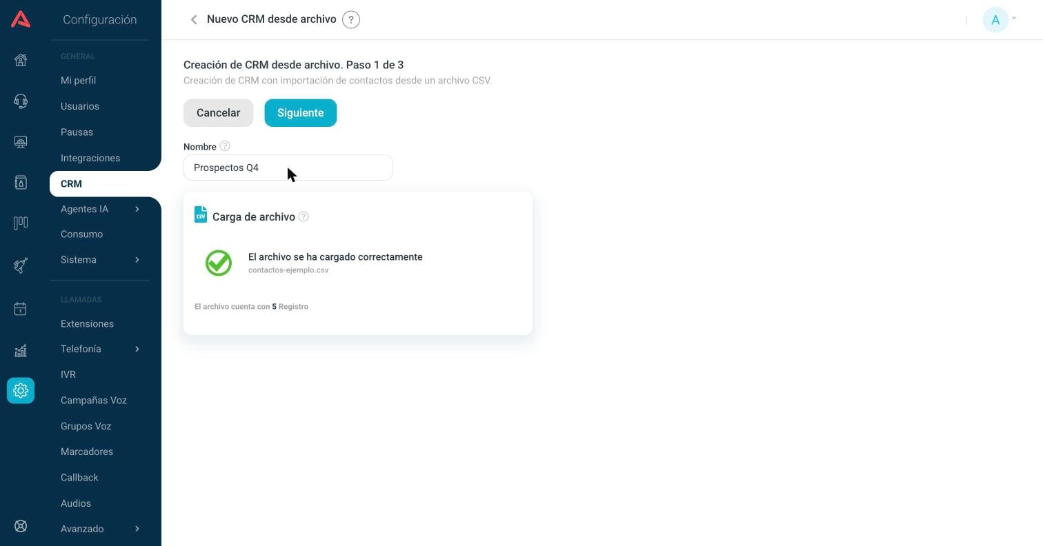 Archivo cargado correctamente, con el conteo de registros