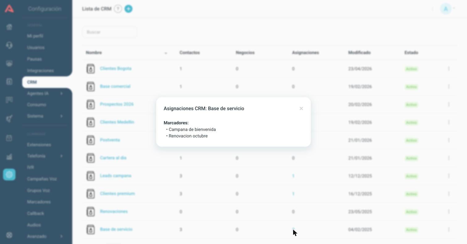Ventana de asignaciones de un CRM, con dos marcadores