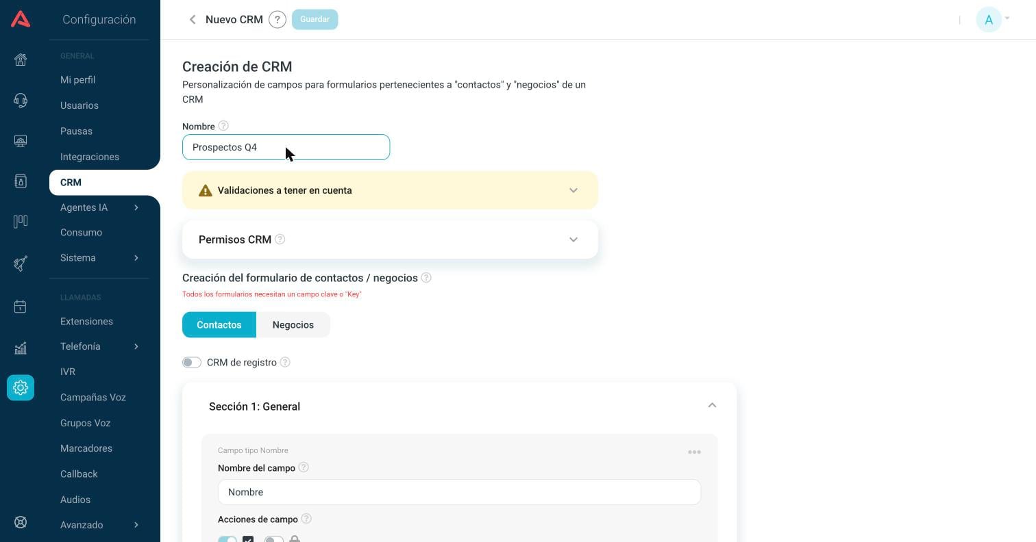 Pantalla de creación de un CRM nuevo