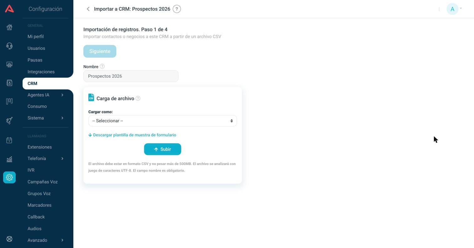 Paso 1 de importar, con el selector Cargar como