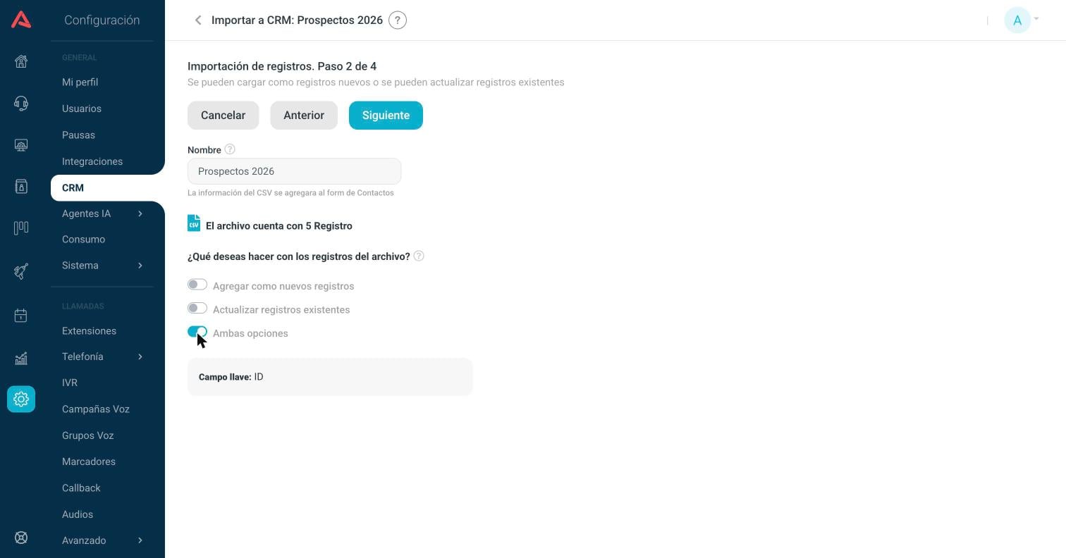 Paso 2 con las tres opciones de qué hacer con los registros
