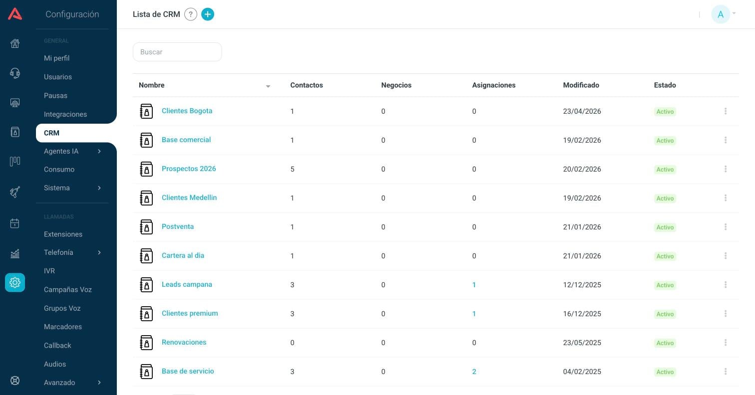 Lista de CRM en Configuración