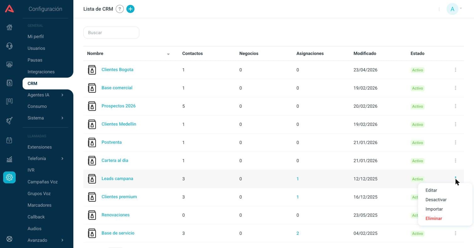 Menú de tres puntos de un CRM con Editar, Desactivar, Importar y Eliminar