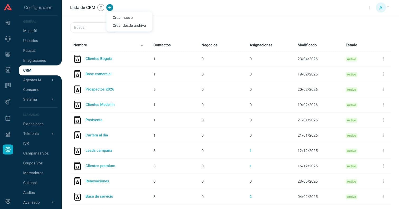 Menú del botón más con Crear nuevo y Crear desde archivo