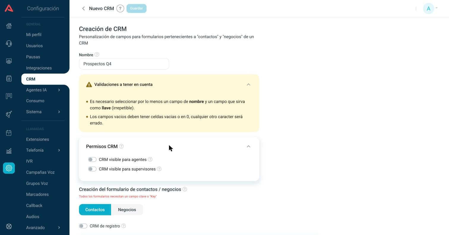 Bloque amarillo de validaciones desplegado