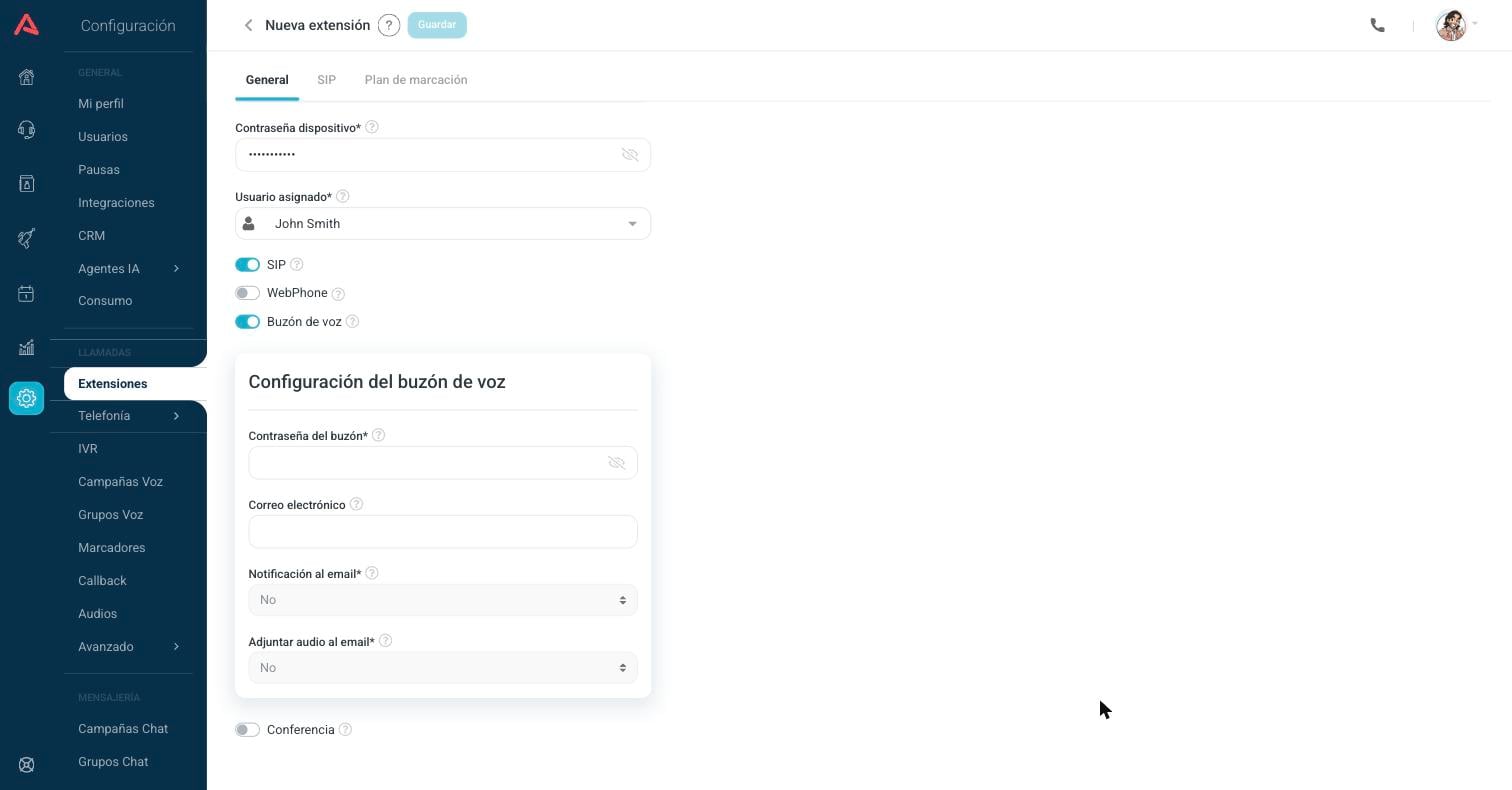 Configuración del buzón de voz de una extensión