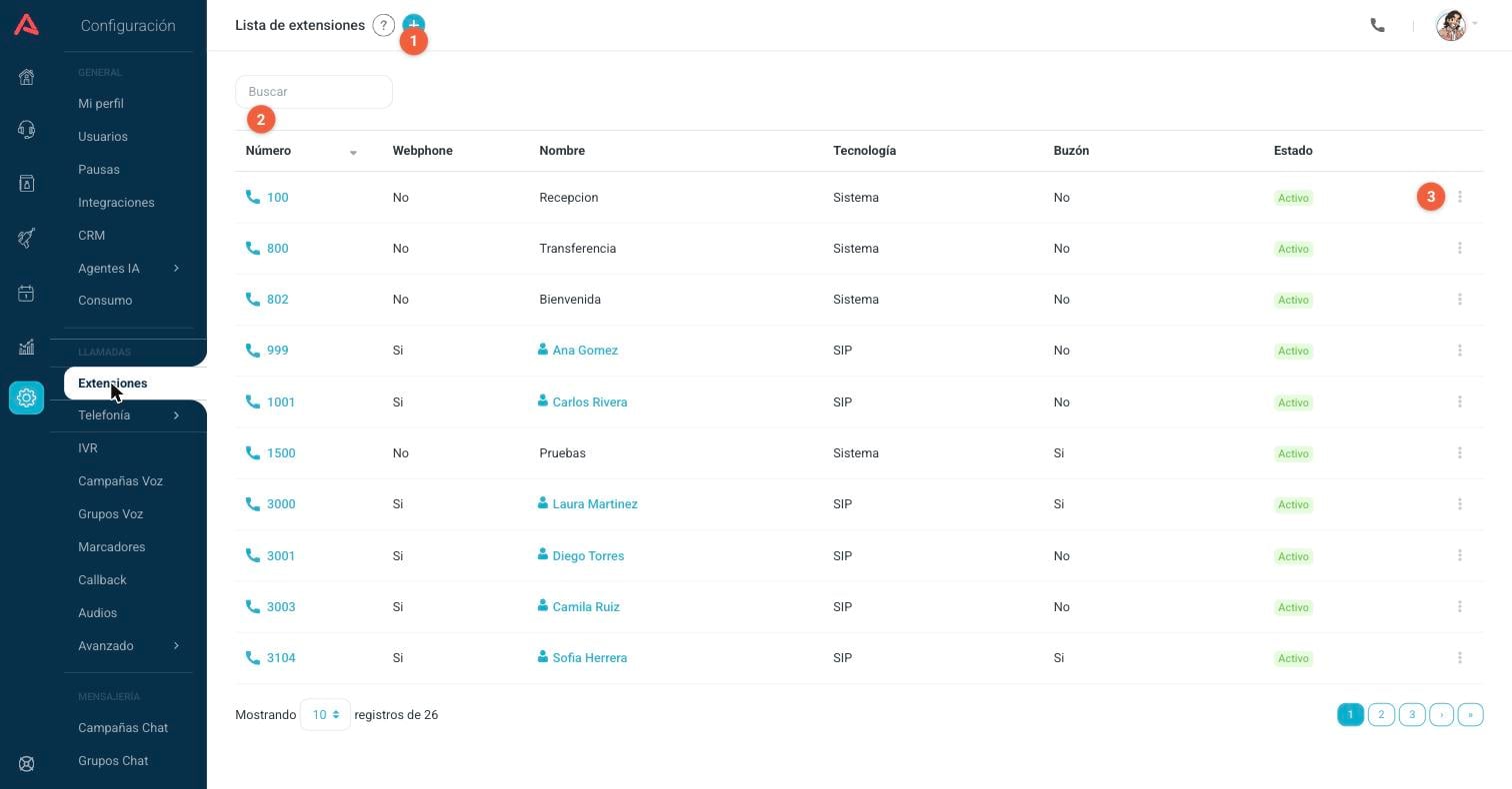 Lista de extensiones en Audara