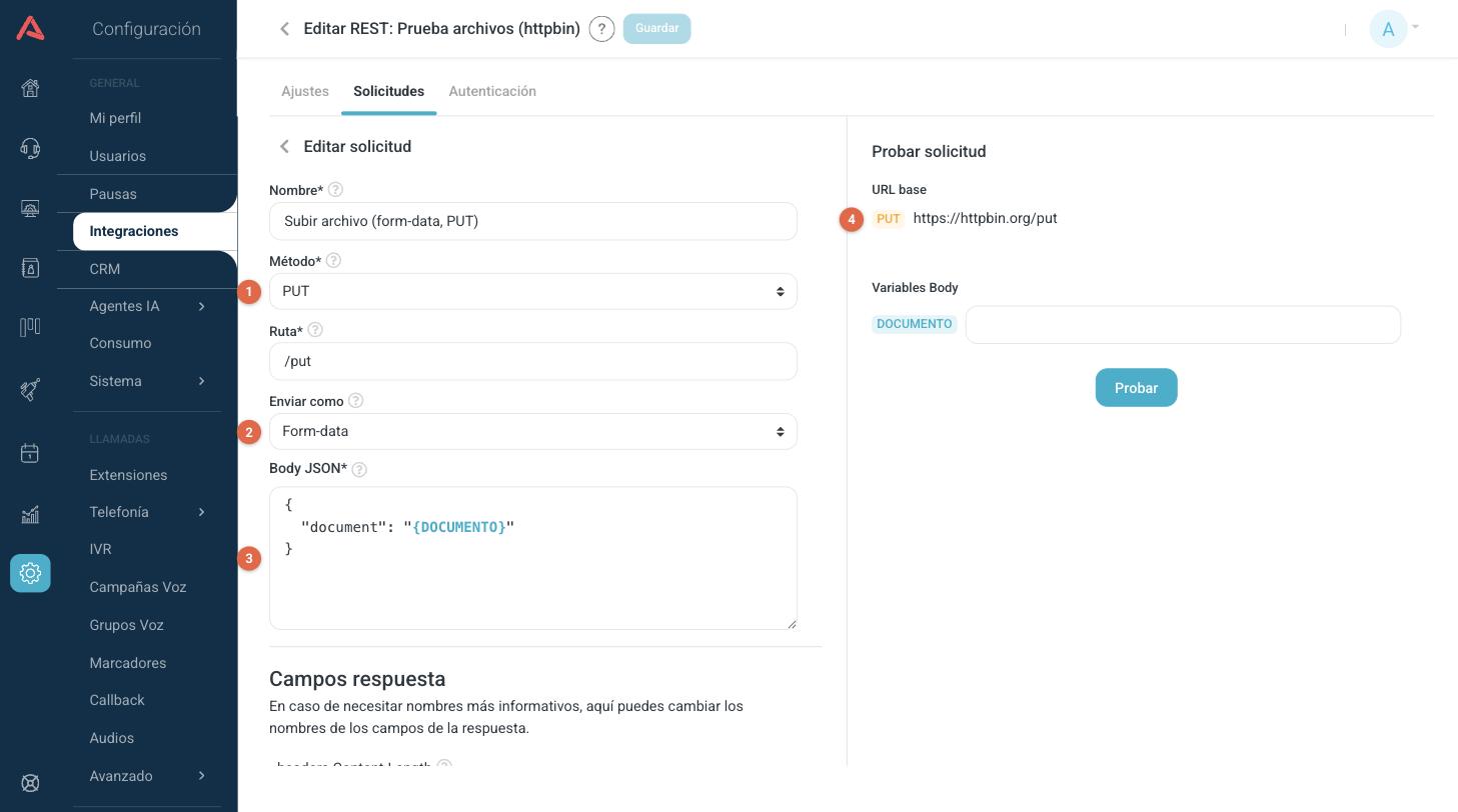 Solicitud PUT que sube un archivo como form-data