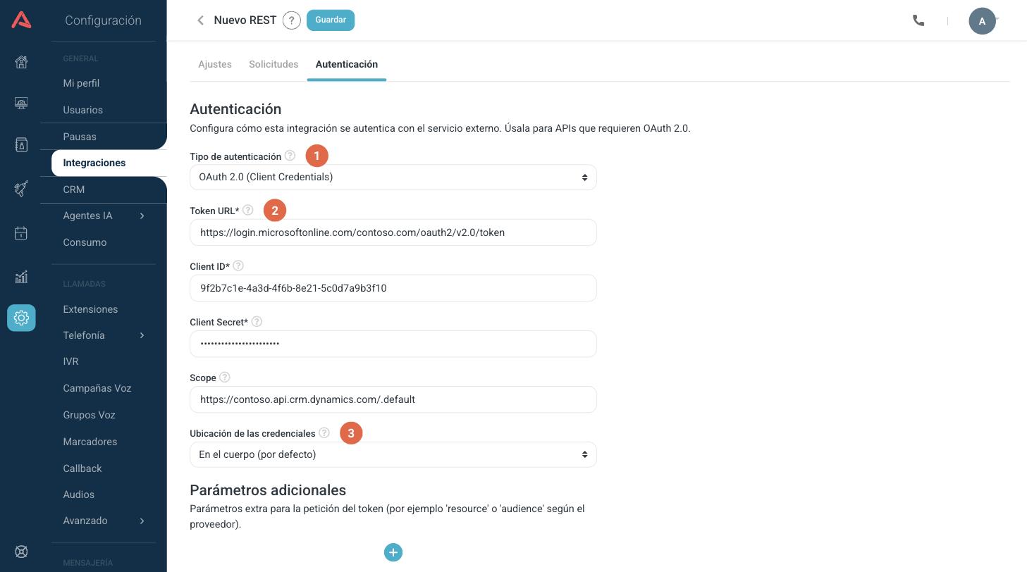 Pestaña Autenticación con OAuth 2.0 Client Credentials