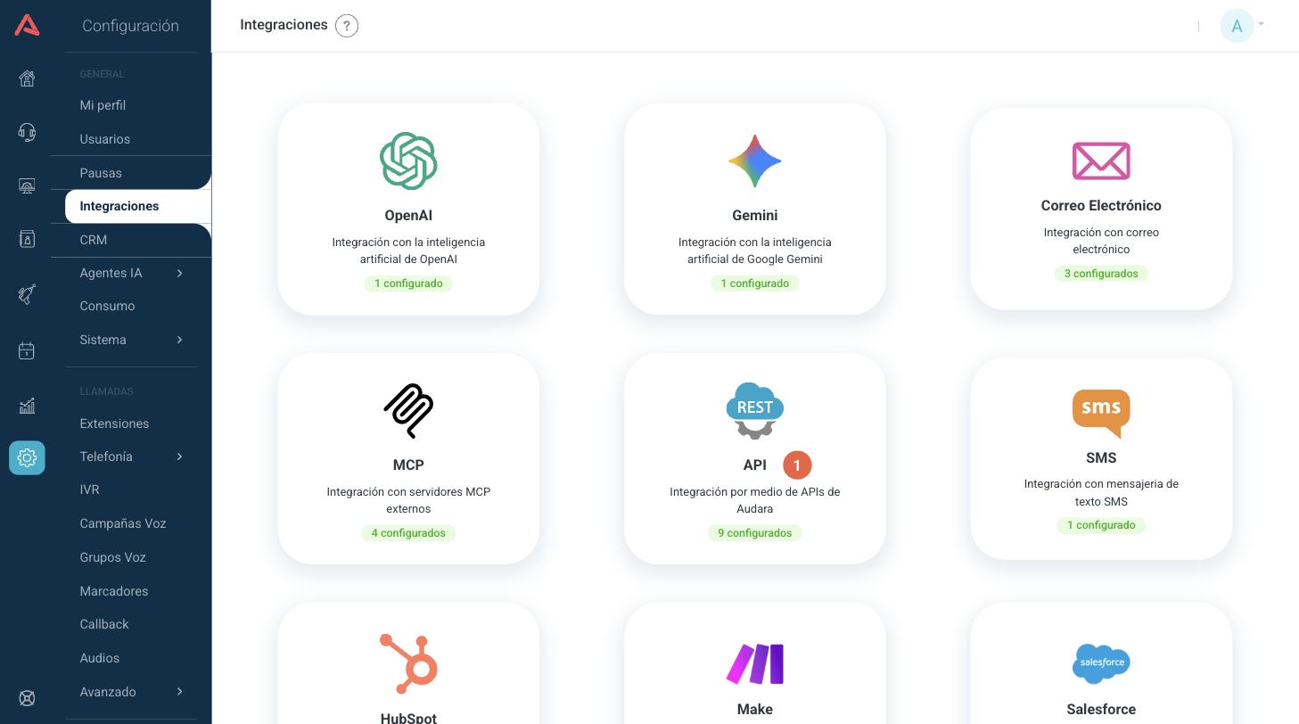 Tarjeta API en el módulo de Integraciones